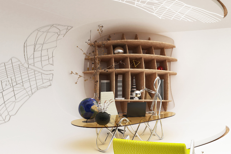 Udoban kancelarijski prostor sa neobičnim nameštajem i grafičkim elementima na zidovima